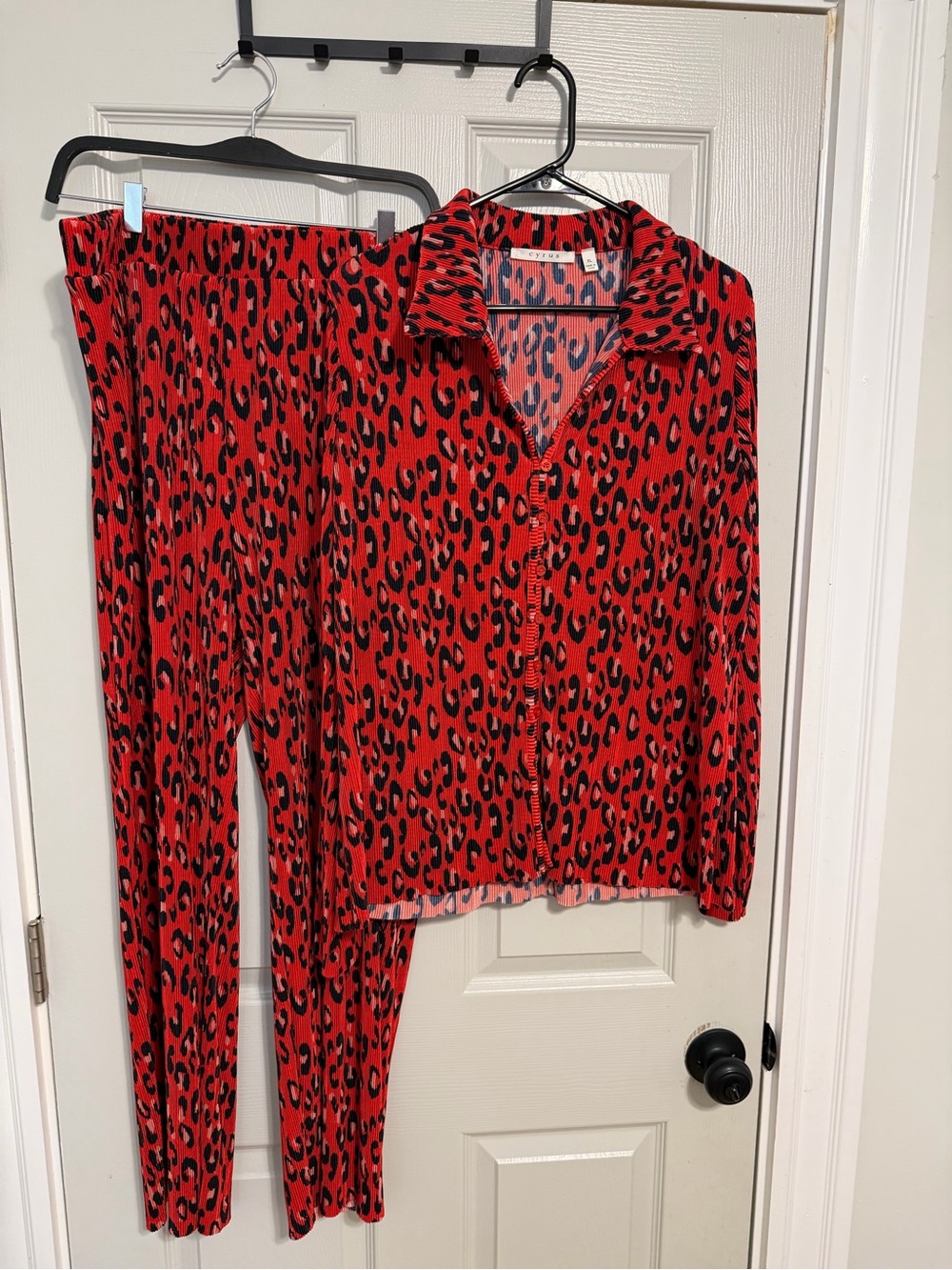 Cyrus Red and Black Leopard Print Button-Up Top